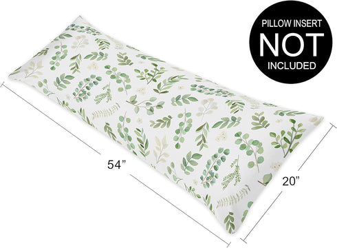 Sweet Jojo Designs Floral Leaf Body Pillow Case Cover (Pillow Not Included) - Green and White Boho Watercolor Botanical