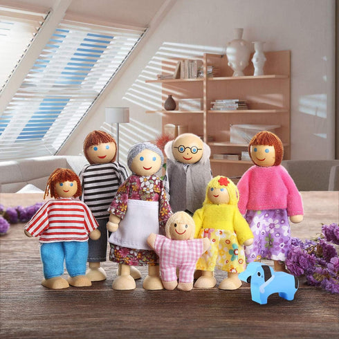 Lovely Happy Family Dolls Playset, Wooden Figures Set of 7 People with Dog for Kids Children Toddlers Dollhouse Pretend