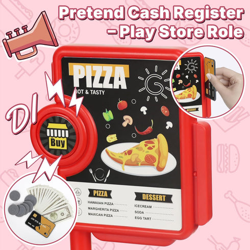 KiddoKraft Set 3-6 Kids Pizza Play Pretend Pizza Kitchen Toy with Cutting Food, Grill, Fryer, Cash Register