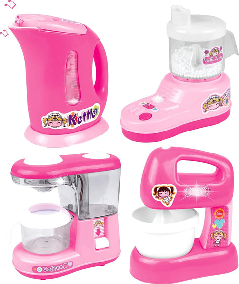 PowerTRC Kitchen Appliance Playset with Light & Sound | Kids Toy Kettle, Coffee Maker, Mixer & Accessories