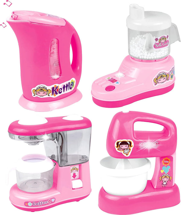PowerTRC Kitchen Appliance Playset with Light & Sound | Kids Toy Kettle, Coffee Maker, Mixer & Accessories