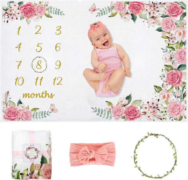 Yokakio Baby Monthly Milestone Blanket Girl, Milestone Blanket for Baby Girl, Track Growth