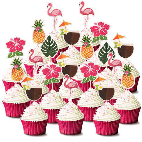 Luau Cupcake Toppers | Tropical Cake Decorations with Flamingo, Pineapple, Palm Leaves | 72 Picks
