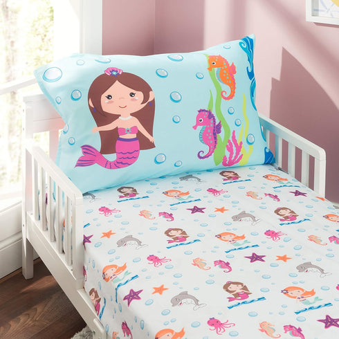 EVERYDAY KIDS Toddler Sheet Set - Fitted Sheet and Pillowcase - Undersea Mermaids Adventure - Soft Microfiber