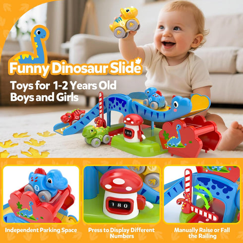 1 2 Set 4 12-18 1st 1-2, Toddler Toys for Year Old Boy Gifts - Educational Dinosaur Slide with Color/Number Push Cars