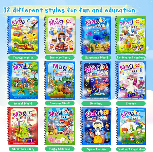 Dduolammng 12 Pack Water Coloring Books, Reusable Water Doodle Book Toys for Toddlers Educational Learning Kits