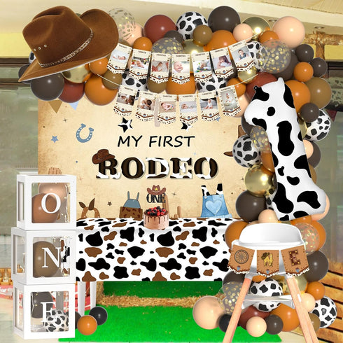 1st 1 1 Western Cowboy Birthday Decorations with Cowboy Balloons Arch, Number Balloons, Banner, Cake Toppers, Backdrop