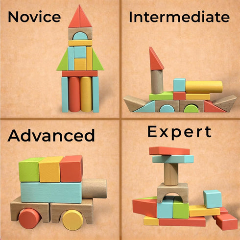 Set, 72 Natural Wood Building Blocks Pastel Color Pieces Castle Construction Blocks with Storage Tray, Educational STEM