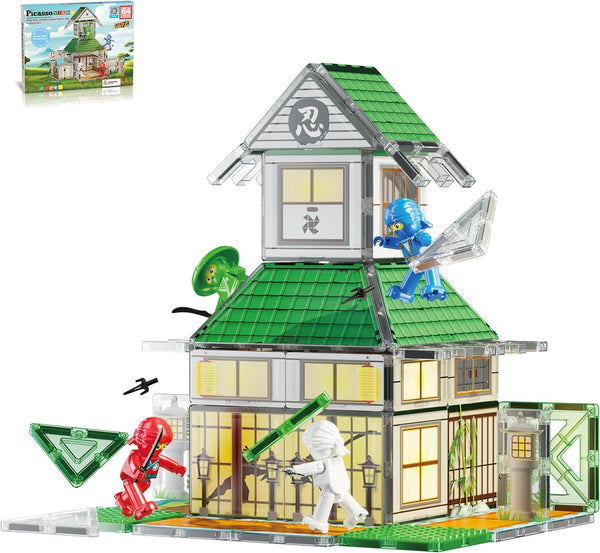 PicassoTiles Ninja Dojo House Theme Playset - 4 Character Action Figures, Magnetic Tiles, Educational Toy for Toddlers