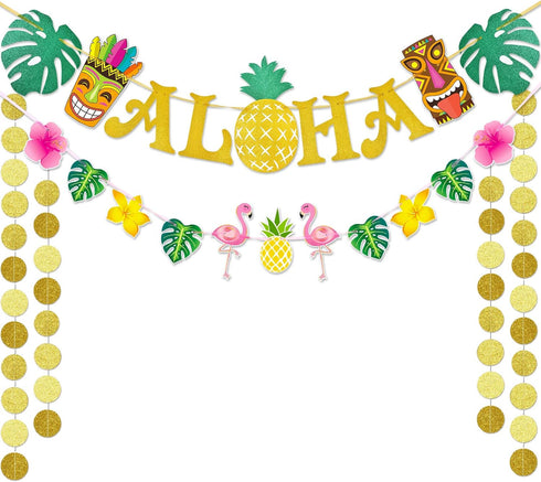 WERNNSAI Hawaiian Aloha Party Banner Decorations - Flamingo Pineapple Tiki Tropical Luau Party Supplies