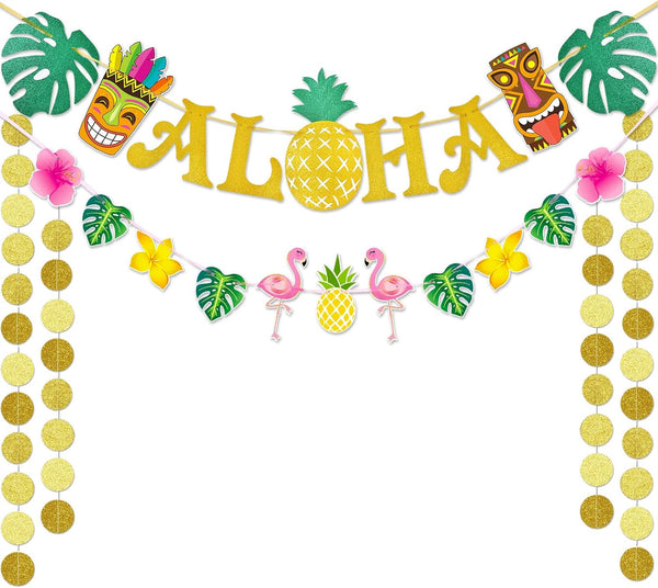 WERNNSAI Hawaiian Aloha Party Banner Decorations - Flamingo Pineapple Tiki Tropical Luau Party Supplies