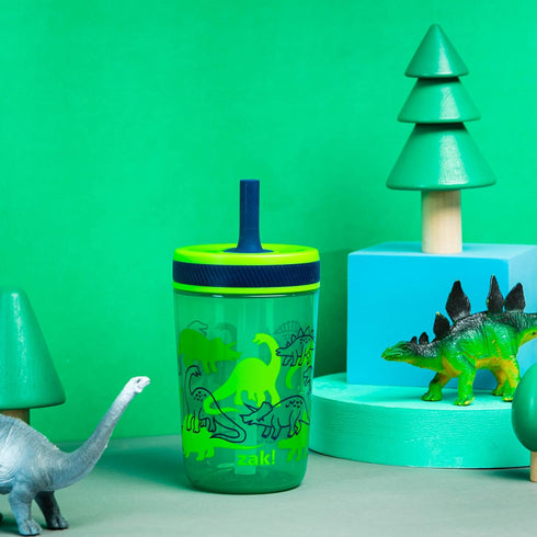 Zak Designs Kelso 15 oz Tumbler Set, Dino Camo, Leak-Proof Lid with Straw, Kids Cup Bundle