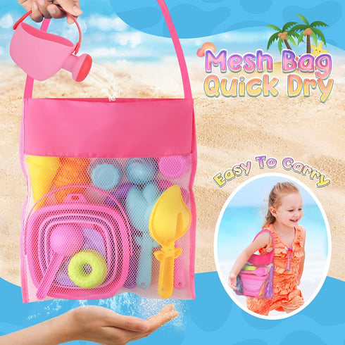 Set 3-10, Set Dreamon Collapsible Beach Toys for Kids Collapsible Sand Bucket Shovels with Mesh Bag and Beach Molds