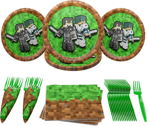 Pixel Warrior Value Party Supplies: 64 Pieces for 20 Guests, Video Game Birthday Decorations, Mining Craft Party.