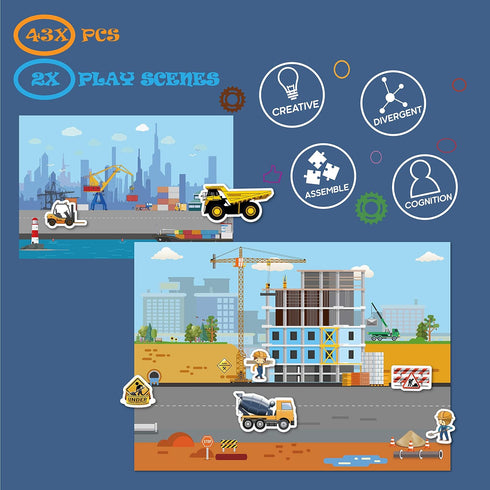 Magnetic Portable Playboard with 44 Pcs Construction Site Engineering Vehicles
