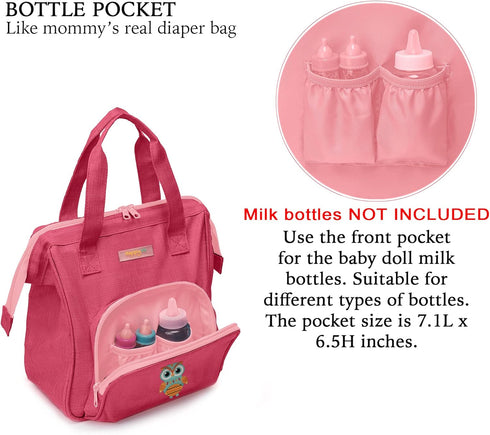 HappyVk- Baby Doll Diaper Bag with Doll Changing Pad- Handbag for girls- Owl Embroidery