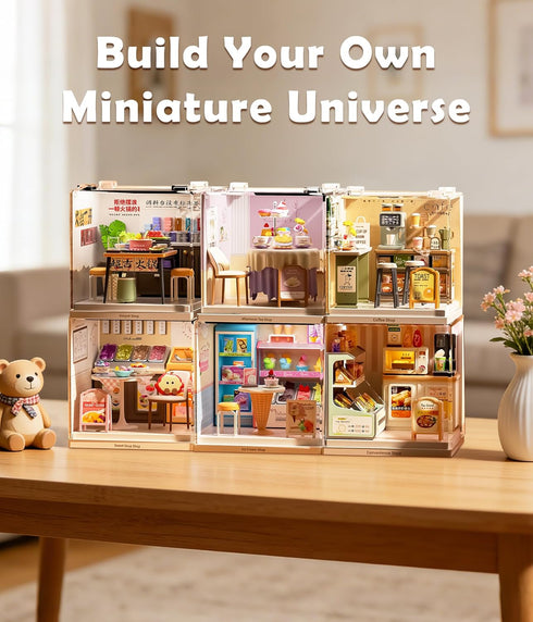 Set Mini Cafe Shop Dollhouse Kit - Charming Coffee Shop Building for Adults, Relaxing DIY Crafts & Miniature Gardening