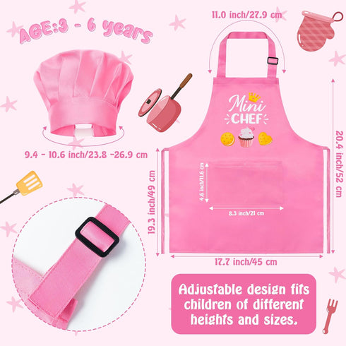 R HORSE Kid Apron and Chef Hat Set 2Pcs Adjustable Children Light Pink Kitchen Apron, Dress up Role Play Chef Toy Cooking Baking Painting and Training Kits Kid Funny Cooking Birthday Gift for Kids