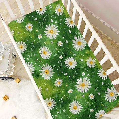 Pigsaly 27x39 Inch Crib Sheets Watercolor White Daisies Green Baby Sheet for Standard Crib Mattress Boys Girls Toddler