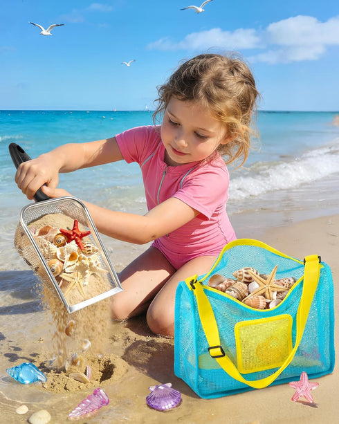 25 Set, 3-10 DISHIO Beach Toys for Kids, Pcs Metal Sand Sifter & Collapsible Beach Buckets Stainless Steel Sand Shovel