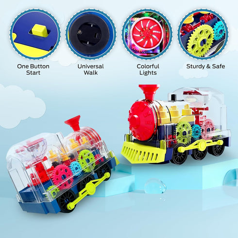 Music Train Toy with LED Light - Colorful Moving Transparent Gears for Kids, Tummy Time Crawling Baby Toys
