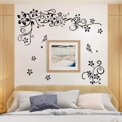 LiveGallery Removable Black Vinyl Flowers Wall Decals, DIY Flower Vines and Butterfly Stickers for Home Decor