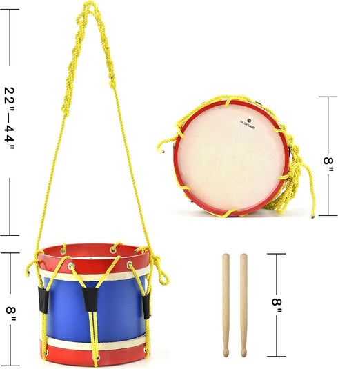 8 Inch Set 2 MUSICUBE Kids Drum with Adjustable Strap and Wooden Drum Sticks - Musical Instrument Gift Choice