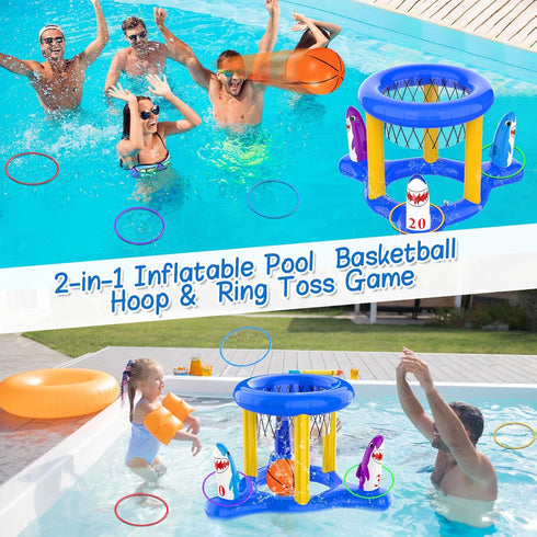 Pool Toys Pool Floats for Kids and Adults, Inflatable Pool Basketball Hoop & Ring Toss Game, 2-in-1 Outdoor Toy