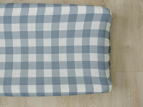 100% Mebie Baby Changing Pad Cover, Dusty Blue Gingham, Muslin Cotton Changing Table Pad Cover for Boy and Girl
