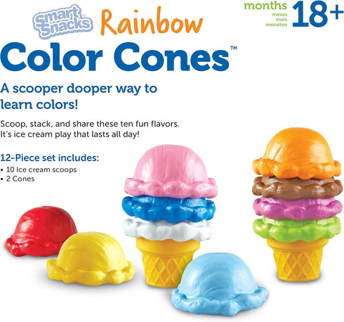 Learning Resources Smart Snacks Rainbow Color Cones - Ice Cream Toy Scoop, Sensory Play Food, Fine Motor for Toddlers