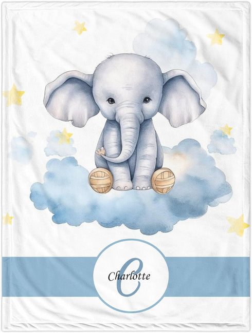 Novusopt Personalized Elephant Baby Blanket with Custom Name, Lightweight Flannel Receiving Blanket for