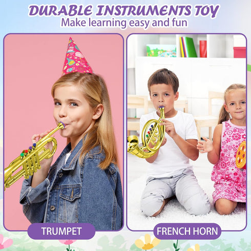 Treela Set of 3 Musical Instruments - Saxophone, Trumpet, and Horn for Beginners with Colorful Keys for Boys & Girls