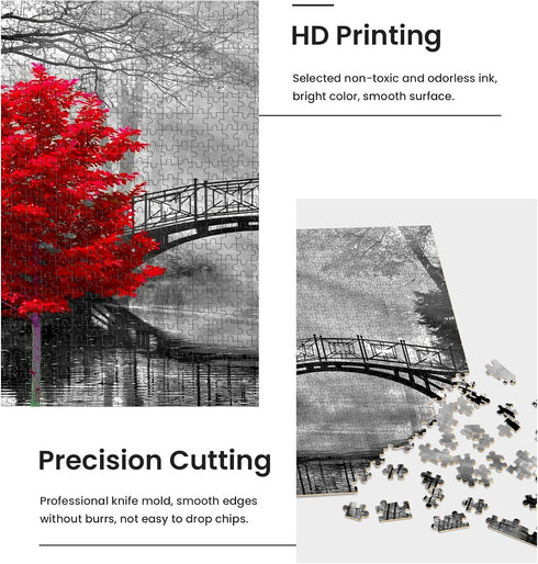 najiaxiaowu Adult Classic Jigsaw Puzzle, 1000 Pieces Wooden DIY Black and White Bridge & Red Tree Home Decor, 75x50cm