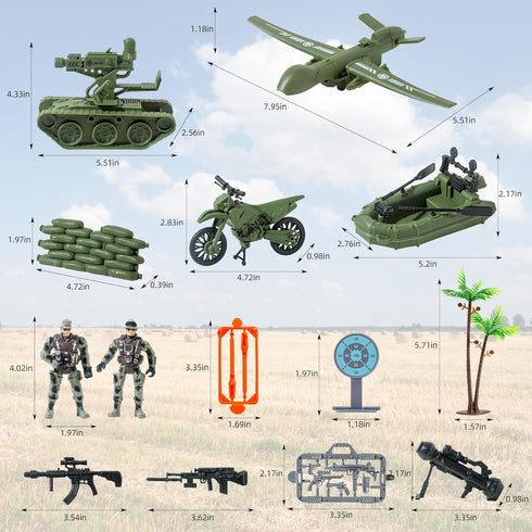 Army Toys Military Soldier Action Figures Set with Green Army Men, Rowboats, Motorcycles, and Accessories for Boys
