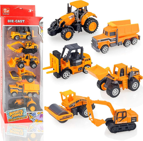 Diecast Construction Vehicle Set for Kids, Alloy Mini Model Dump Truck, Bulldozer, Roller, Tractor, Forklift, 6 Pack