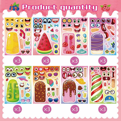 OTAITY 24 Sheets Make Your Own Ice Cream Stickers for Kids Toddlers, Make a Face Sticker Mix and Match Watermelon