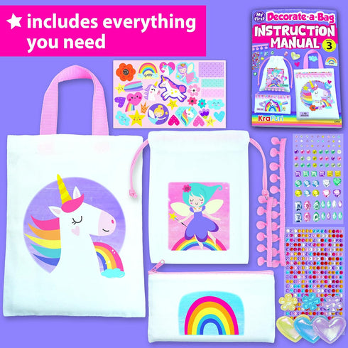 3 5-10 KRAFUN DIY Bag Decorating Kit for Girls - Create Custom Unicorn & Fairy Bags - No-Sew Mess-Free Crafts