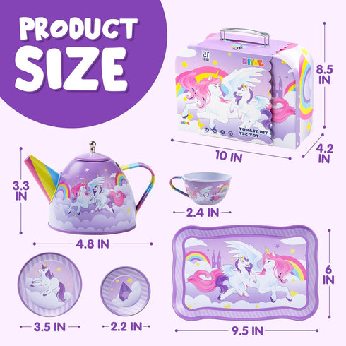 JOYIN Unicorn Tea Party Set, Pretend Purple Tin Teapot Set for Little Girls, Birthday Gift for Ages 3-6