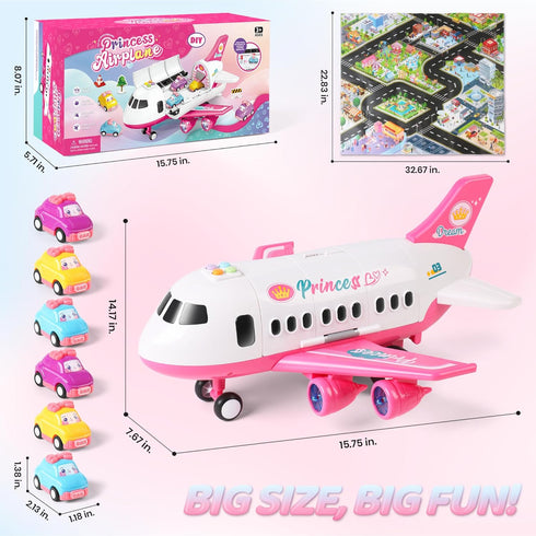 6 3 4 5 6 7 Dwi Dowellin Pink Airplane Toy with Truck Cars and Play Mat,Plane with Lights and Sounds for Years Old