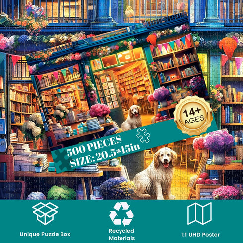 500 Piece Puzzles for Adults, Jigsaw Puzzles 500 Pieces, Puzzles 500 Pieces for Adults, Bookstore Dogs Jigsaw Puzzles, Funny Puzzles, Great Gift for Family Friends, Large Puzzles 20.5 x 15 in