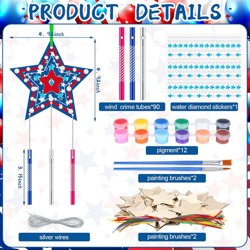 Sheroll 30 Pack 4th of July Wind Chime Kit for Kids, DIY Craft for Patriotic Star Wooden Decorations