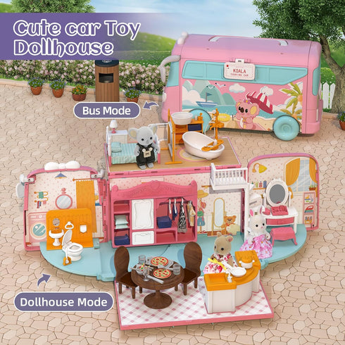 Playset, Set 3 4 5 6 MITCIEN Dollhouse DIY Pretend Portable Caravan Camper Bus Toy Kit with Little Critters Bunny Dolls