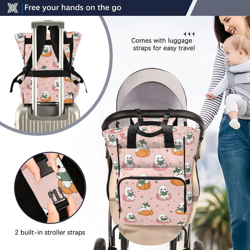 Emelivor Backpack Halloween Ghost Pumpkin Pink Diaper Bag Large Capacity with Insulated Pockets Baby Bag Diaper Bags