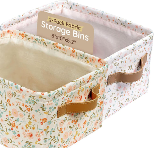 8"x5.2"x10" 2 Pack, Fabric Storage Bins Cute for Nursery - Collapsible Pink & Flower Kids Baskets with Handles Hamper