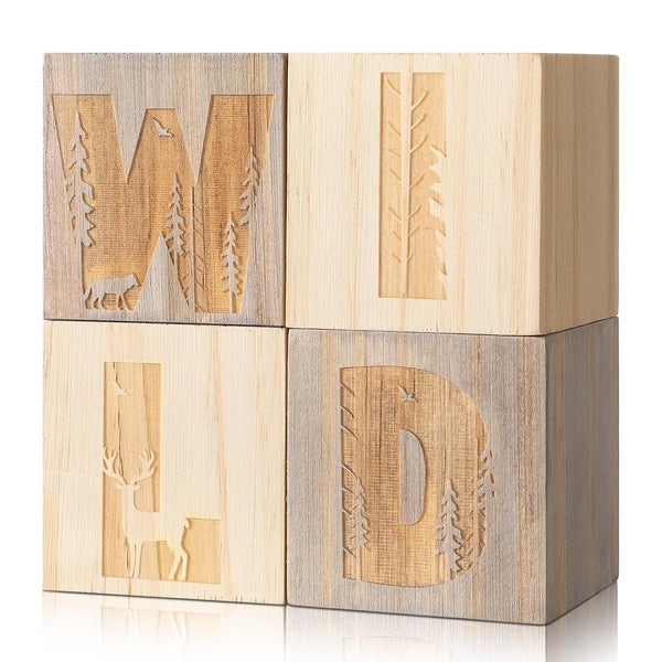RattanView 4 Pcs Woodland Wild Nursery Wood Decor Nursery Wood Shelf Blocks for