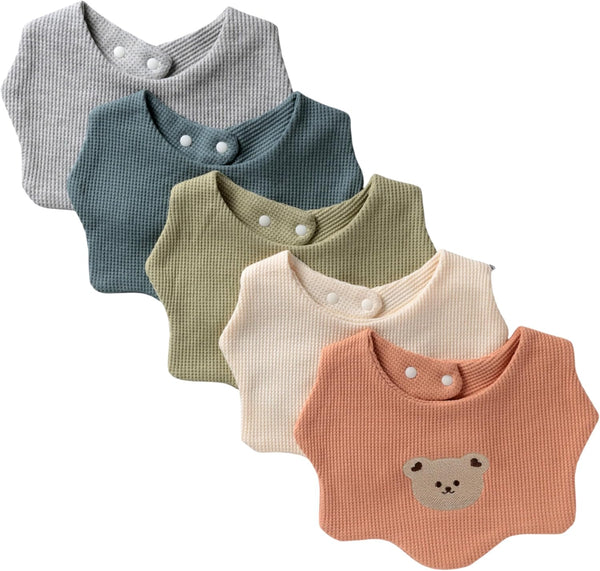 Baby Bibs Cotton Set of 5 Adjustable Scalloped Drool Bibs for Boys