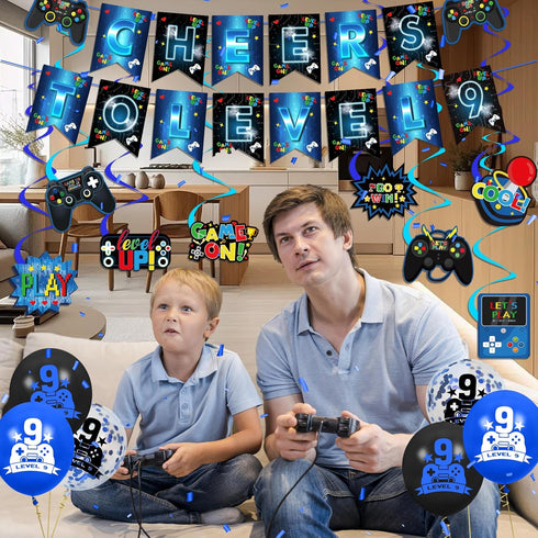 Video Game Theme 9th Birthday Party Decorations for Kids - Blue Black Cheers to Level 9 Banner, Hanging Swirls, Level