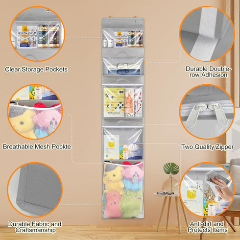 Over Door Organizer and Storage - Toy Hanging Container Holder with 4 Removable Clear Bins for Nursery, Bathroom