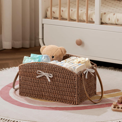 HBlife Diaper Caddy Organizer, Large Hand-Woven Storage Basket for Diapers & Baby Essentials - Elegant Curved Design