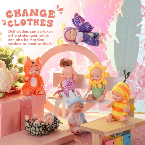 Hanaive 10 Pcs 4 Inch Mini Baby Dolls, Lifelike Realistic Tiny Babies with Animal Clothes, Cute Baby Doll Gifts Set